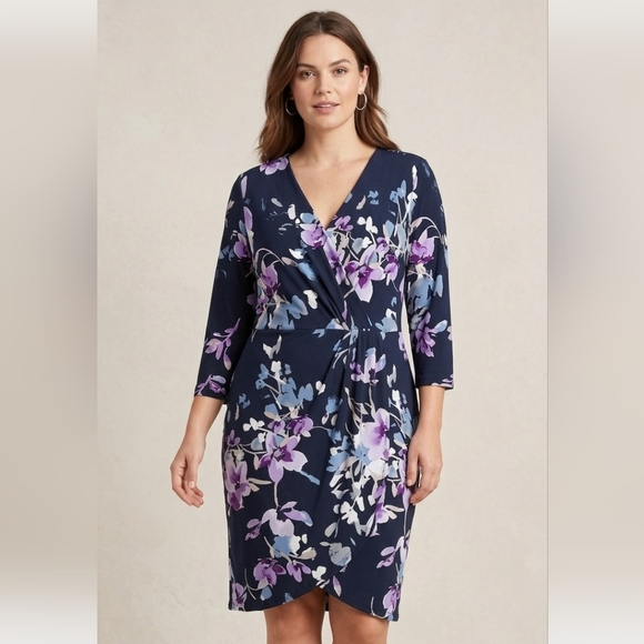 The Limited Dresses & Skirts - The Limited Floral Faux Wrap Dress Large Blue Purple 3/4 Sleeve